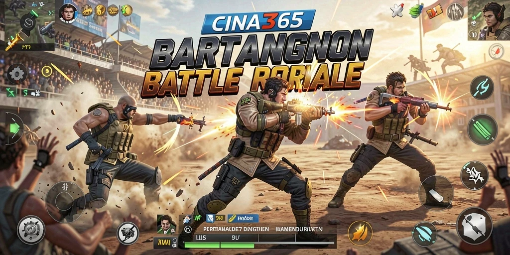 Screenshot CINA365 menampilkan aksi pertempuran Battle Royale yang seru.