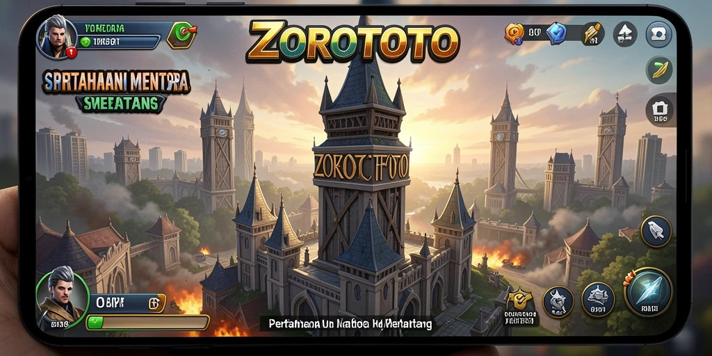 Tampilan gameplay menakjubkan dari ZOROTOTO dengan menara yang strategis.